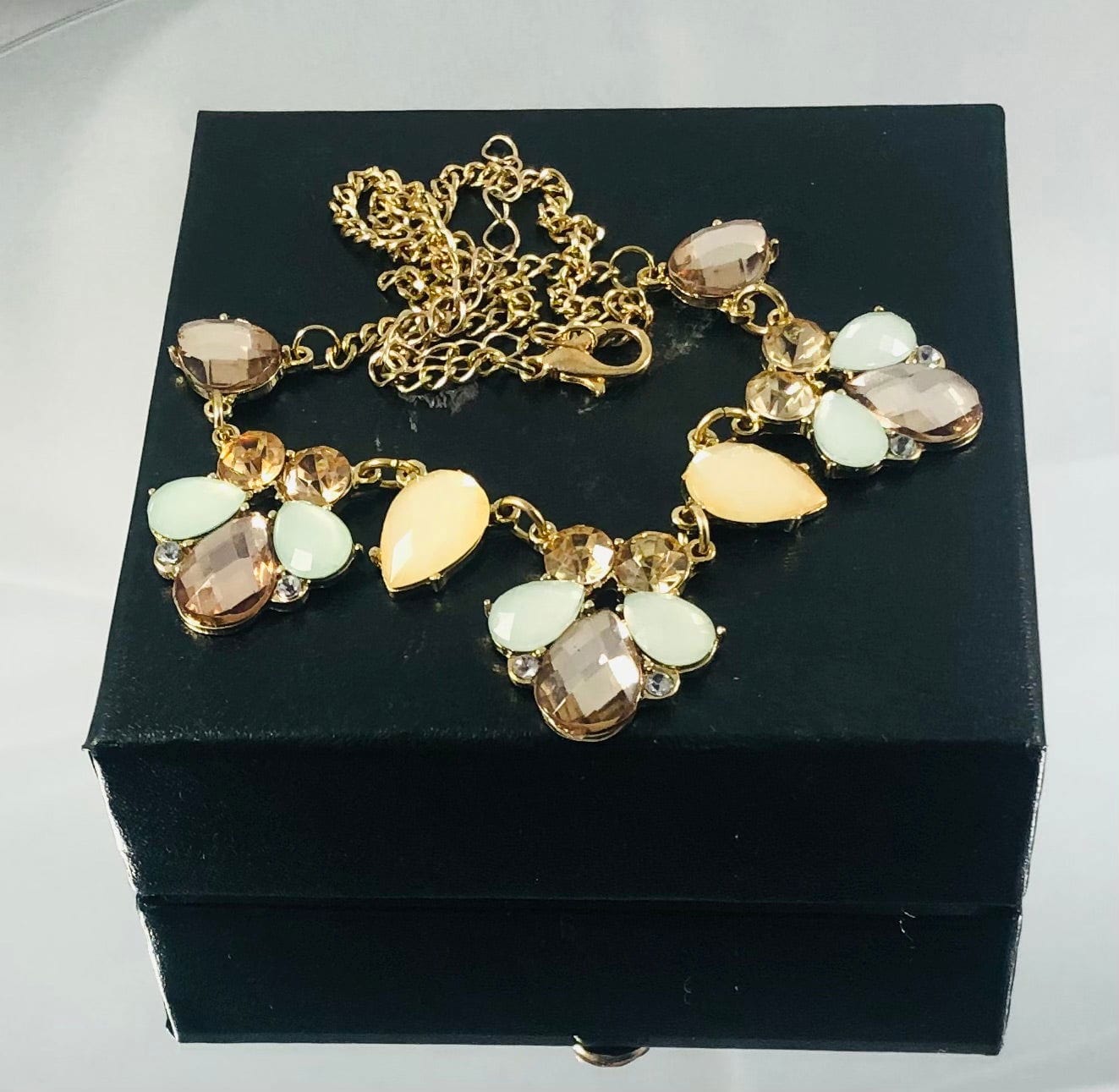 Gold Shade Vintage Style Bib Necklace with Pastel Crystals Silver Chamber Jewellery Store