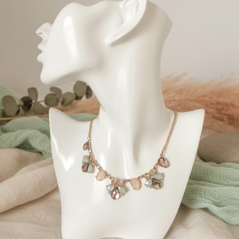 Gold Shade Vintage Style Bib Necklace with Pastel Crystals Silver Chamber Jewellery Store