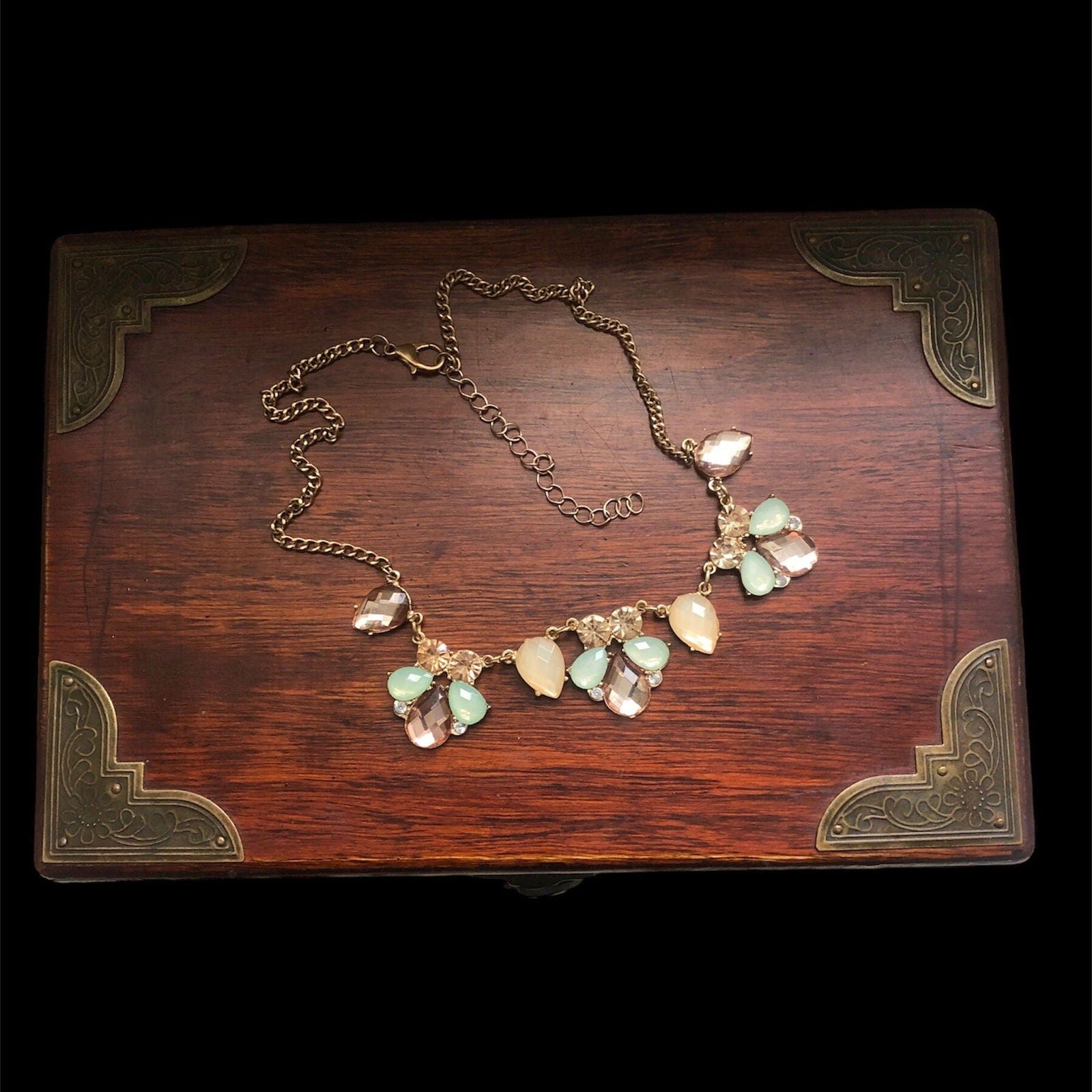 Gold Shade Vintage Style Bib Necklace with Pastel Crystals Silver Chamber Jewellery Store