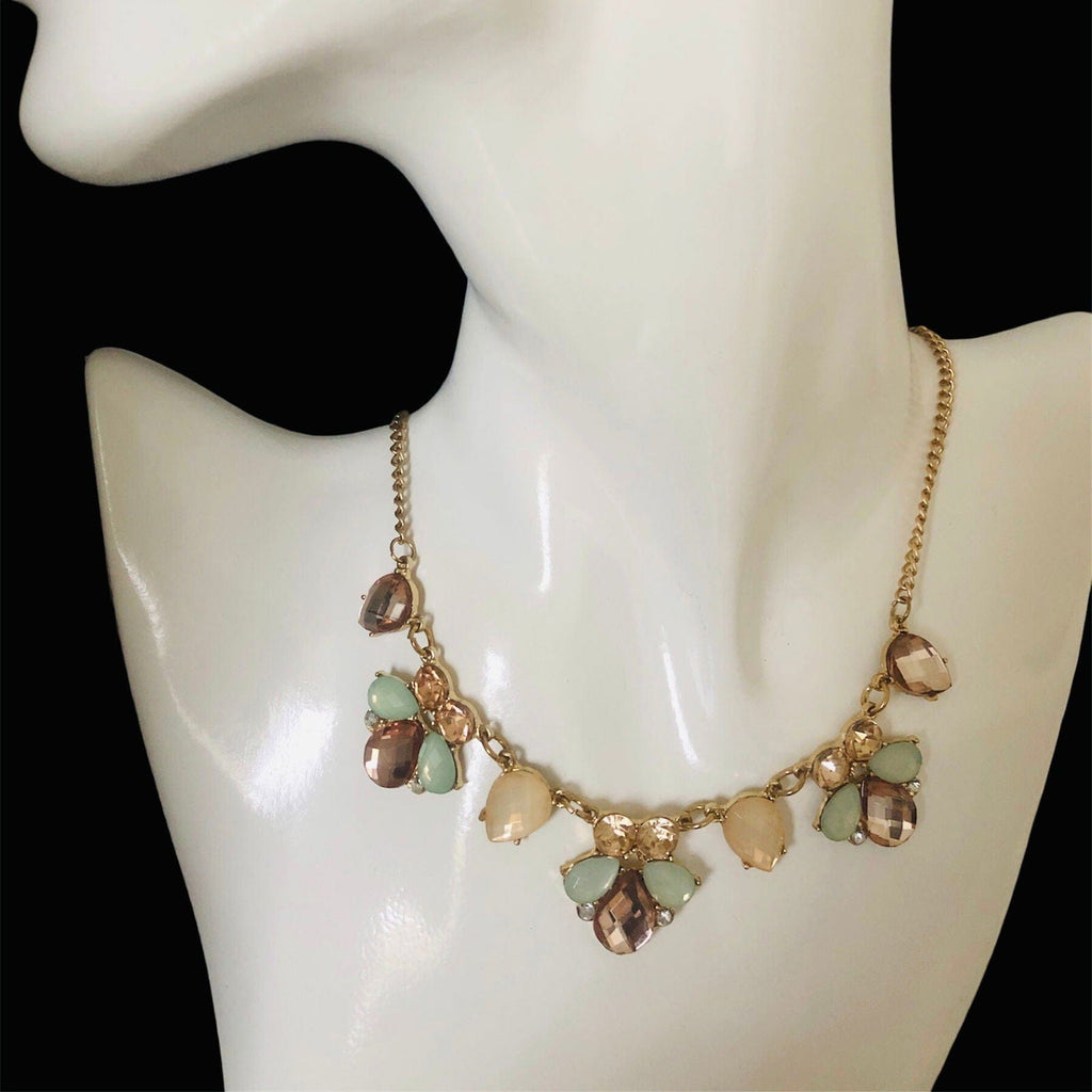 Gold Shade Vintage Style Bib Necklace with Pastel Crystals Silver Chamber Jewellery Store
