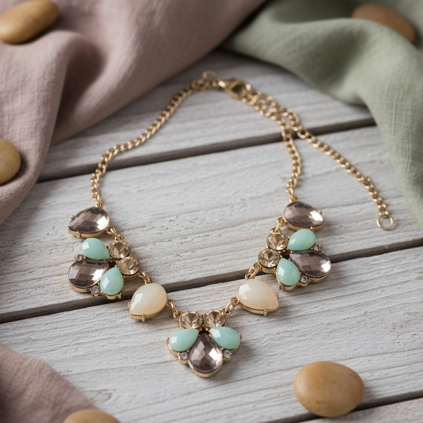 Gold Shade Vintage Style Bib Necklace with Pastel Crystals Silver Chamber Jewellery Store