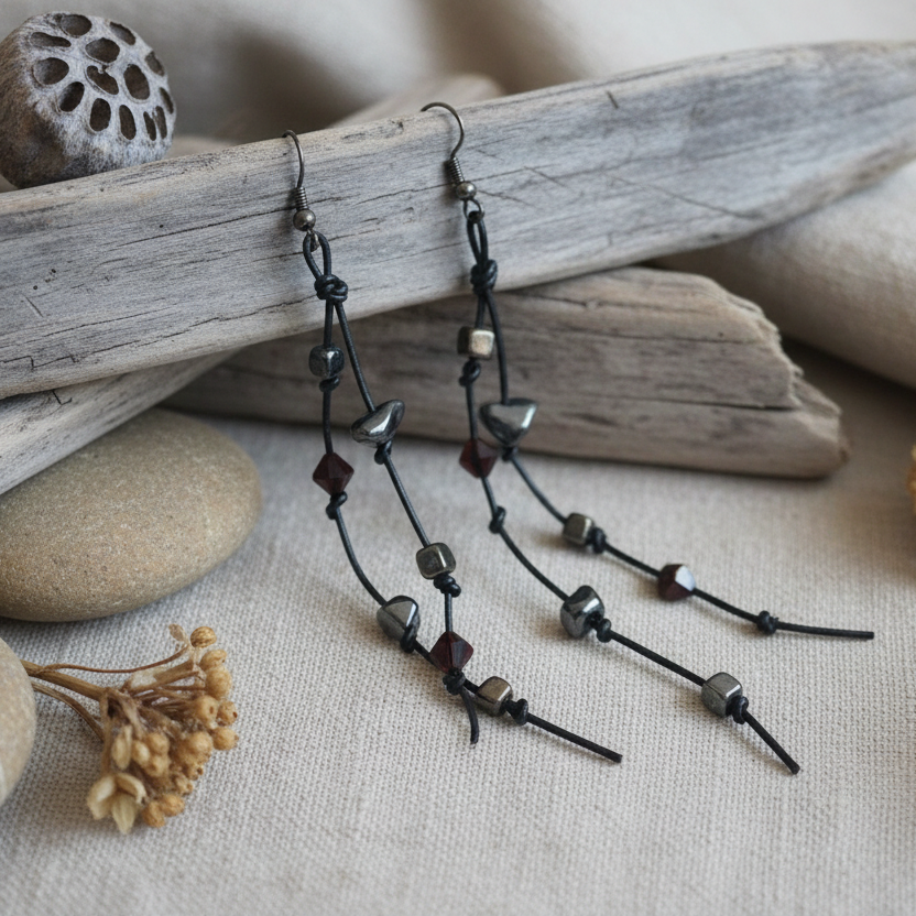 Gothic Long Black Leather Earrings