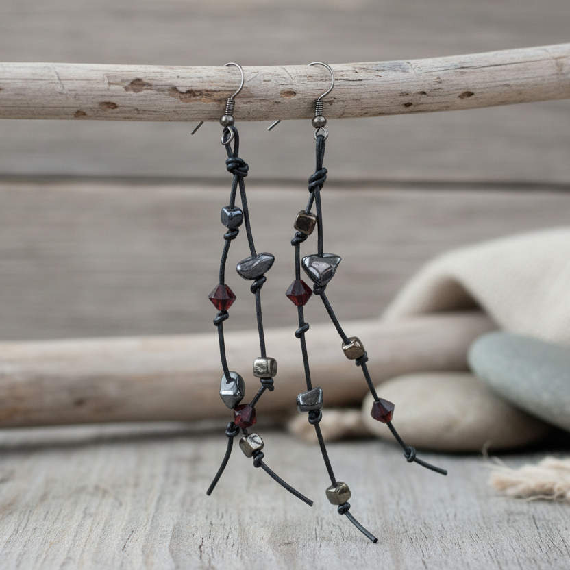 Gothic Long Black Leather Earrings