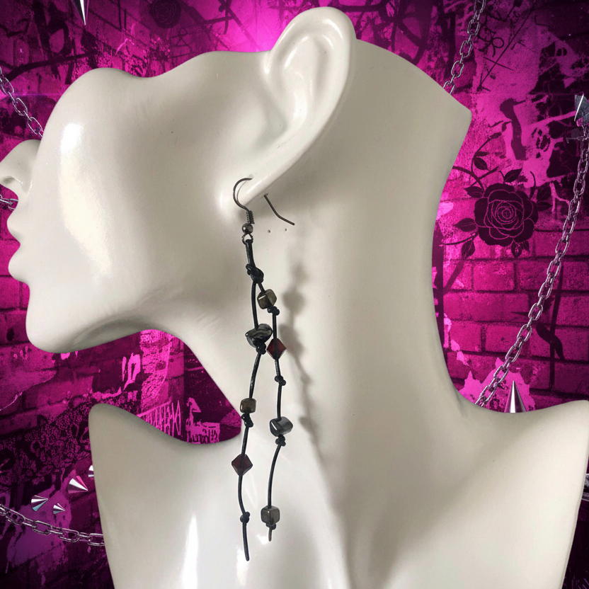 Gothic Long Black Leather Earrings