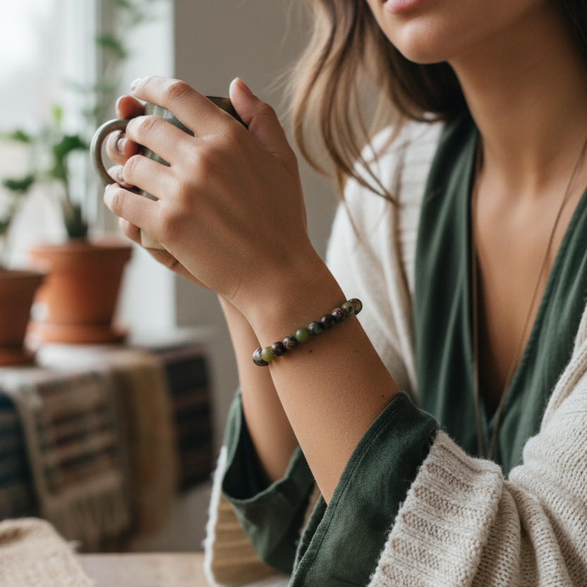 Green Agate and Leopard Skin Jasper Beaded Bracelet