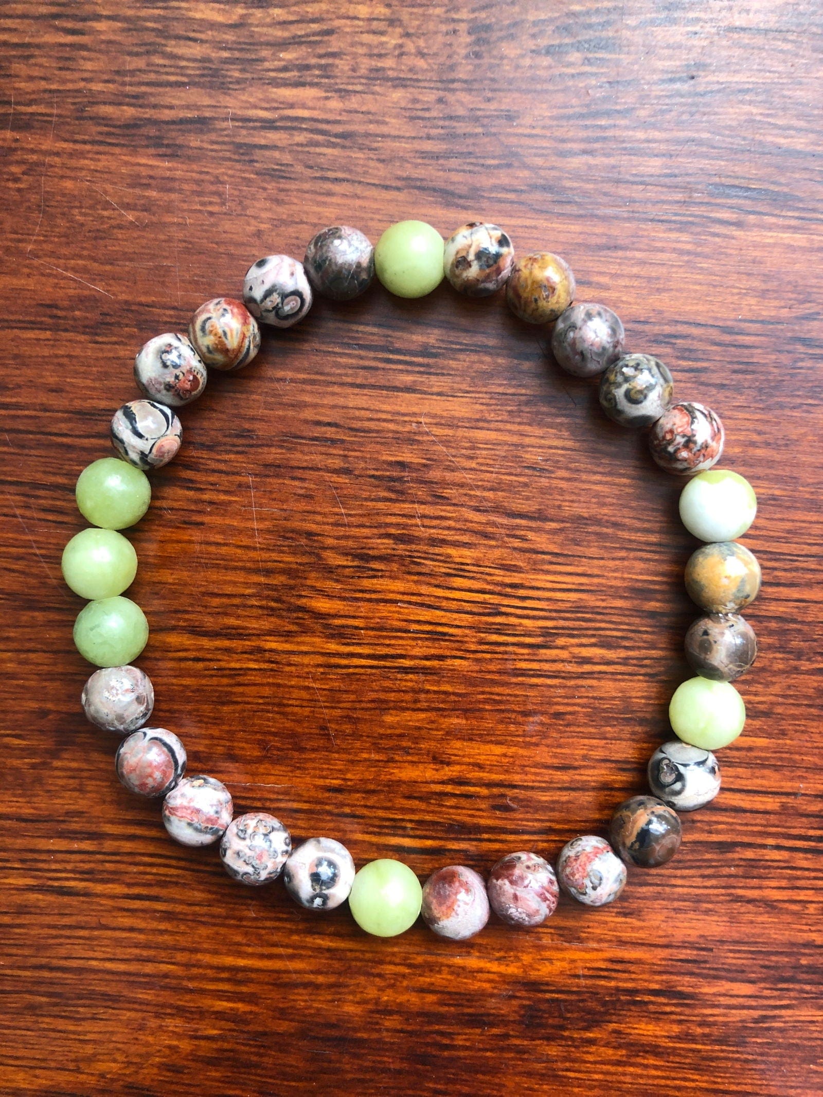 Green Agate and Leopard Skin Jasper Beaded Bracelet Silver Chamber Jewellery Store