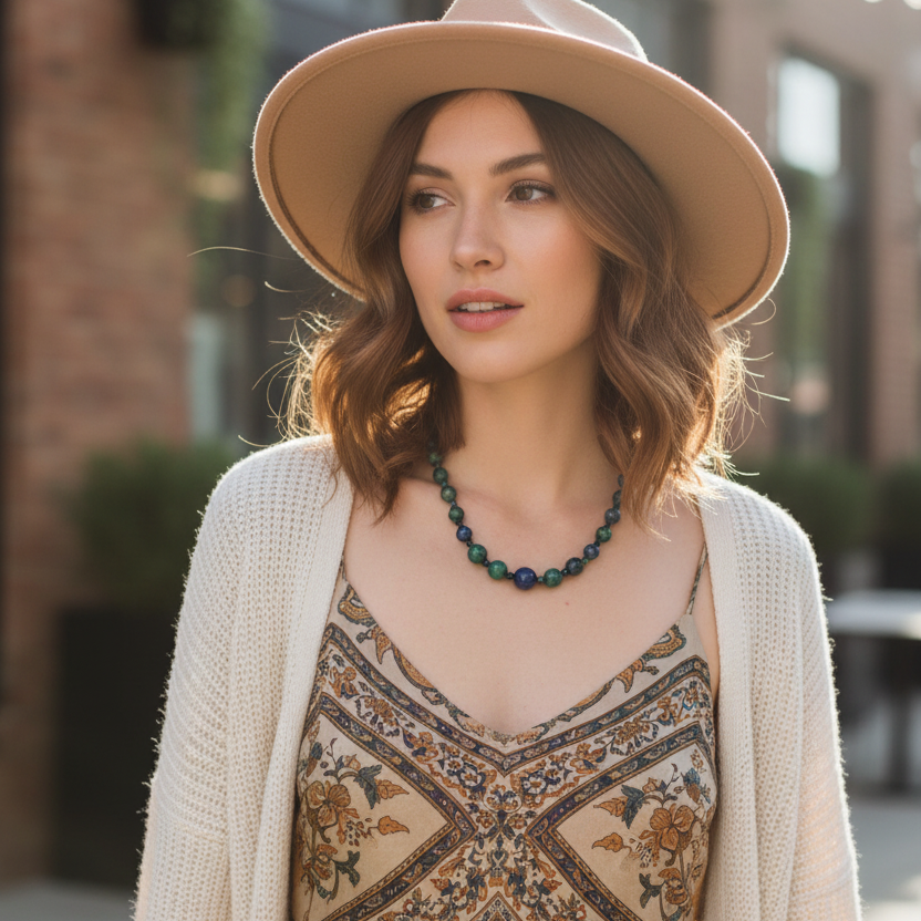 Green and blue lapis lazuli beaded choker necklace
