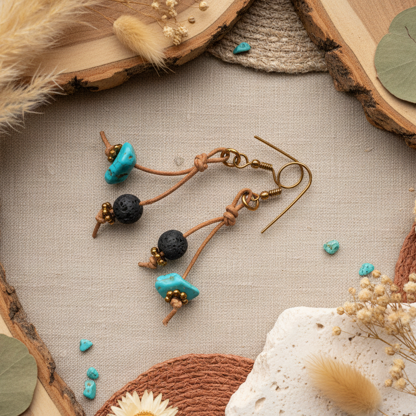 Handmade Turquoise and Lava Dangle Earrings Silver Chamber Jewellery Store