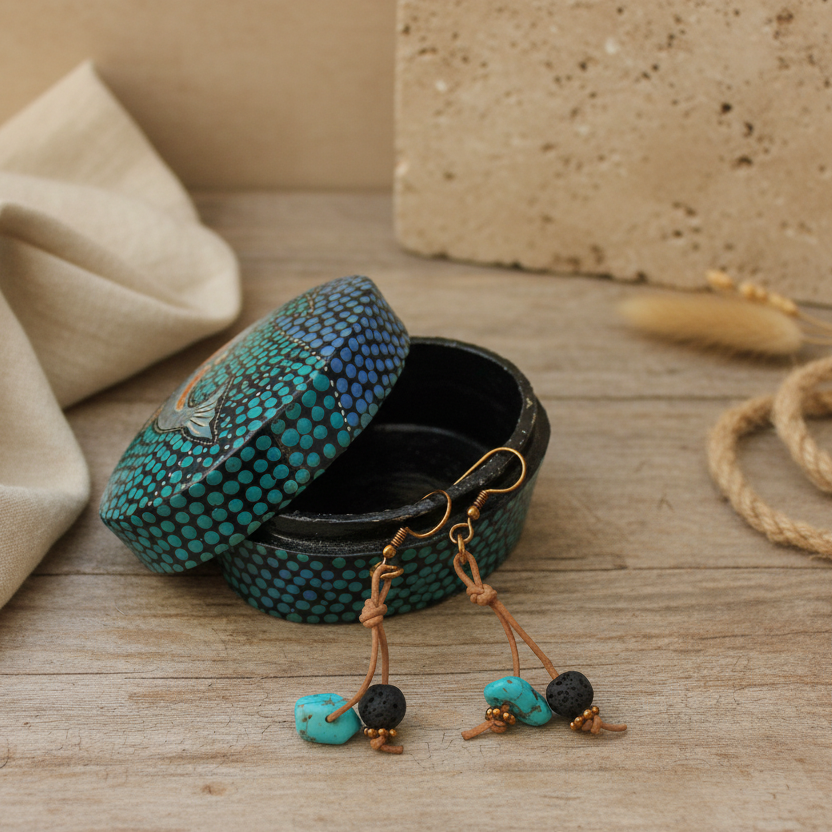 Handmade Turquoise and Lava Dangle Earrings Silver Chamber Jewellery Store