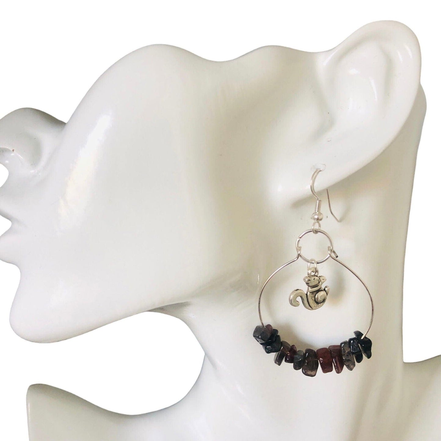 Hoop Earrings with Obsidian and Squirrel Charms Silver Chamber Jewellery Store