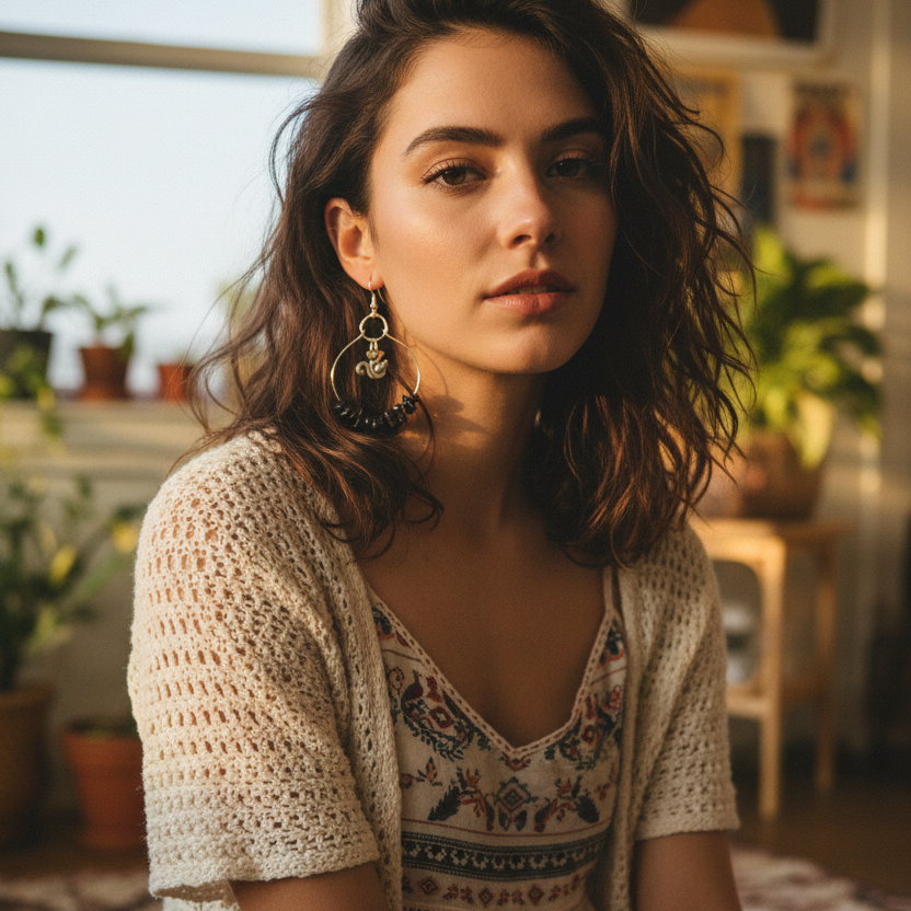Hoop Earrings with Obsidian and Squirrel Charms