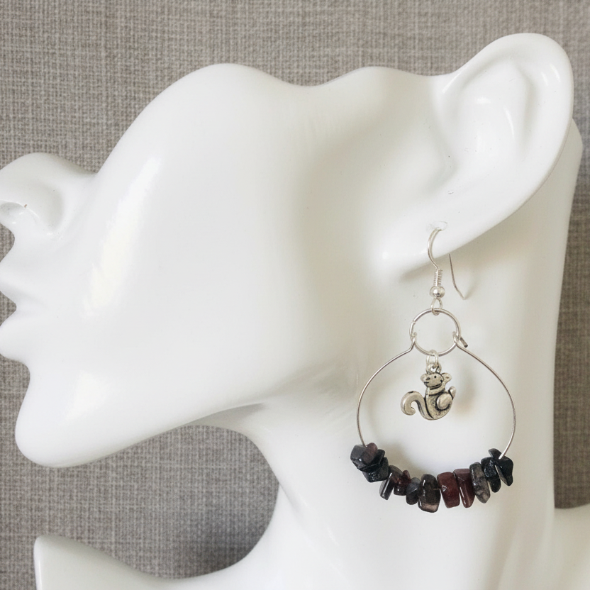 Hoop Earrings with Obsidian and Squirrel Charms