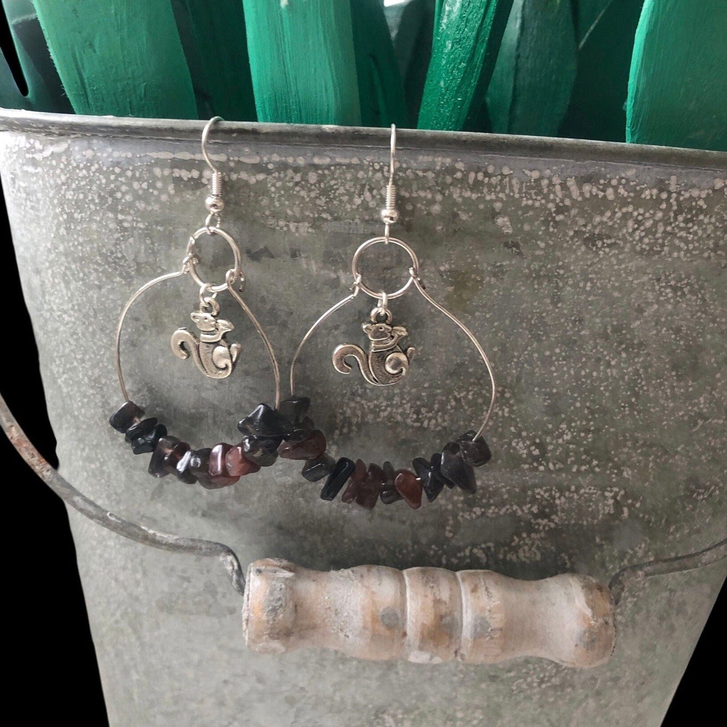 Hoop Earrings with Obsidian and Squirrel Charms Silver Chamber Jewellery Store