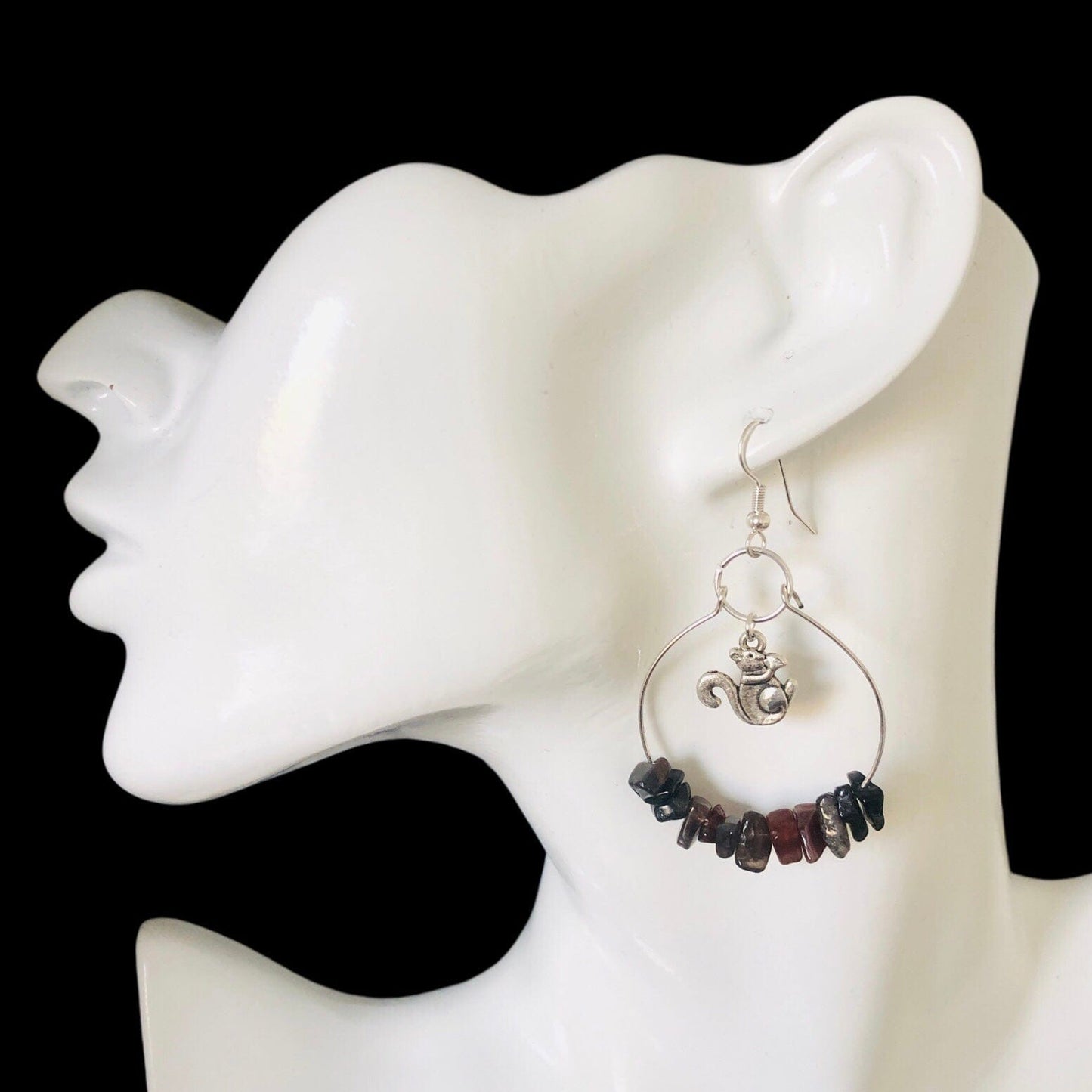 Hoop Earrings with Obsidian and Squirrel Charms Silver Chamber Jewellery Store