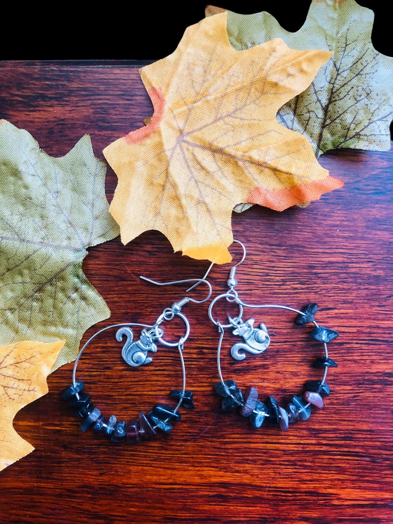 Hoop Earrings with Obsidian and Squirrel Charms Silver Chamber Jewellery Store