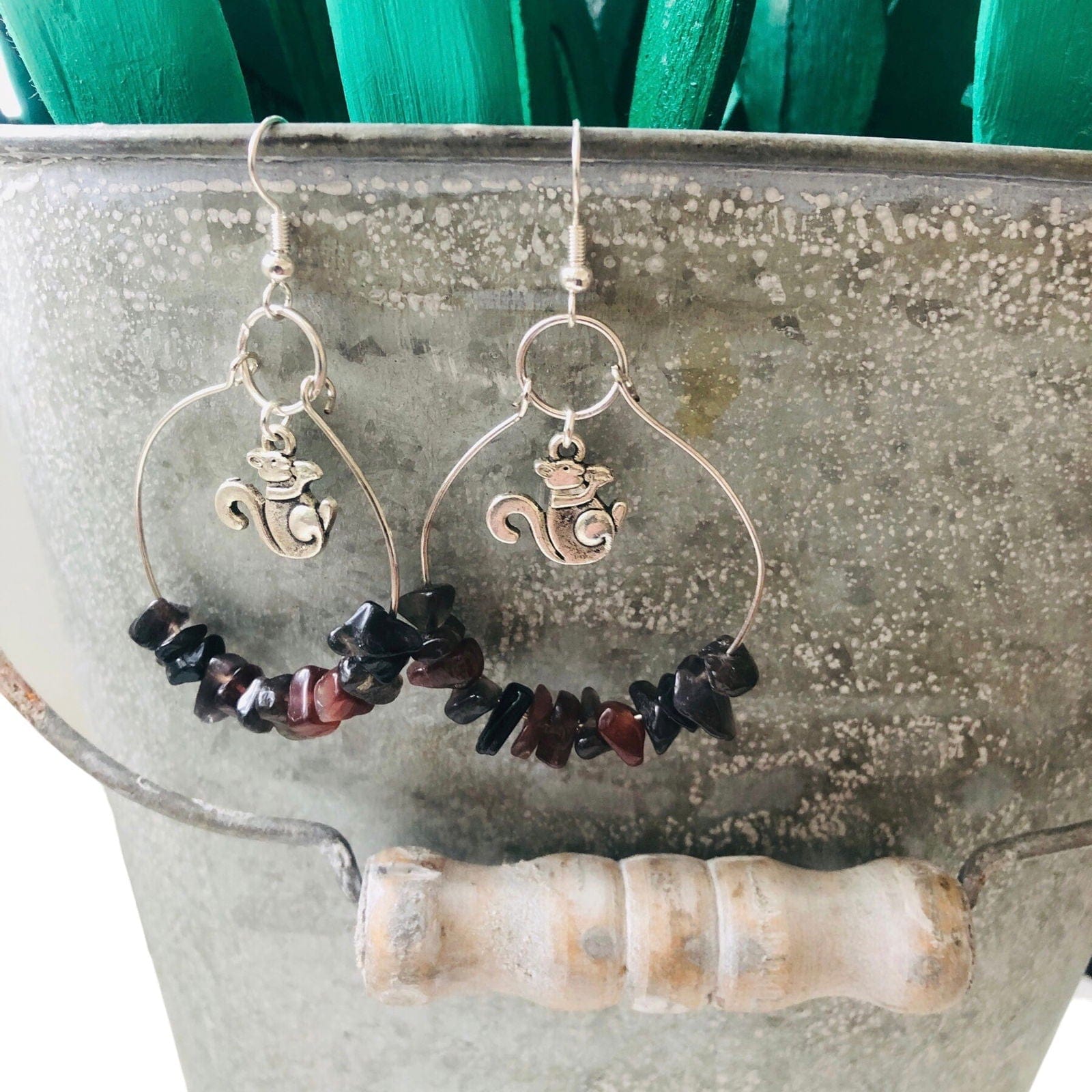 Hoop Earrings with Obsidian and Squirrel Charms Silver Chamber Jewellery Store