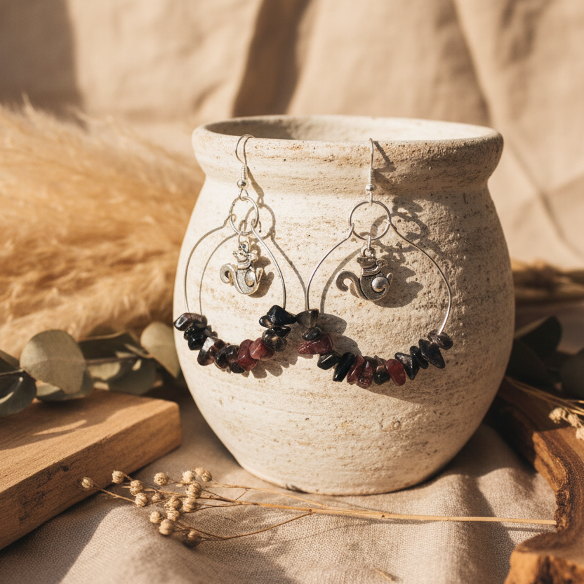 Hoop Earrings with Obsidian and Squirrel Charms Silver Chamber Jewellery Store