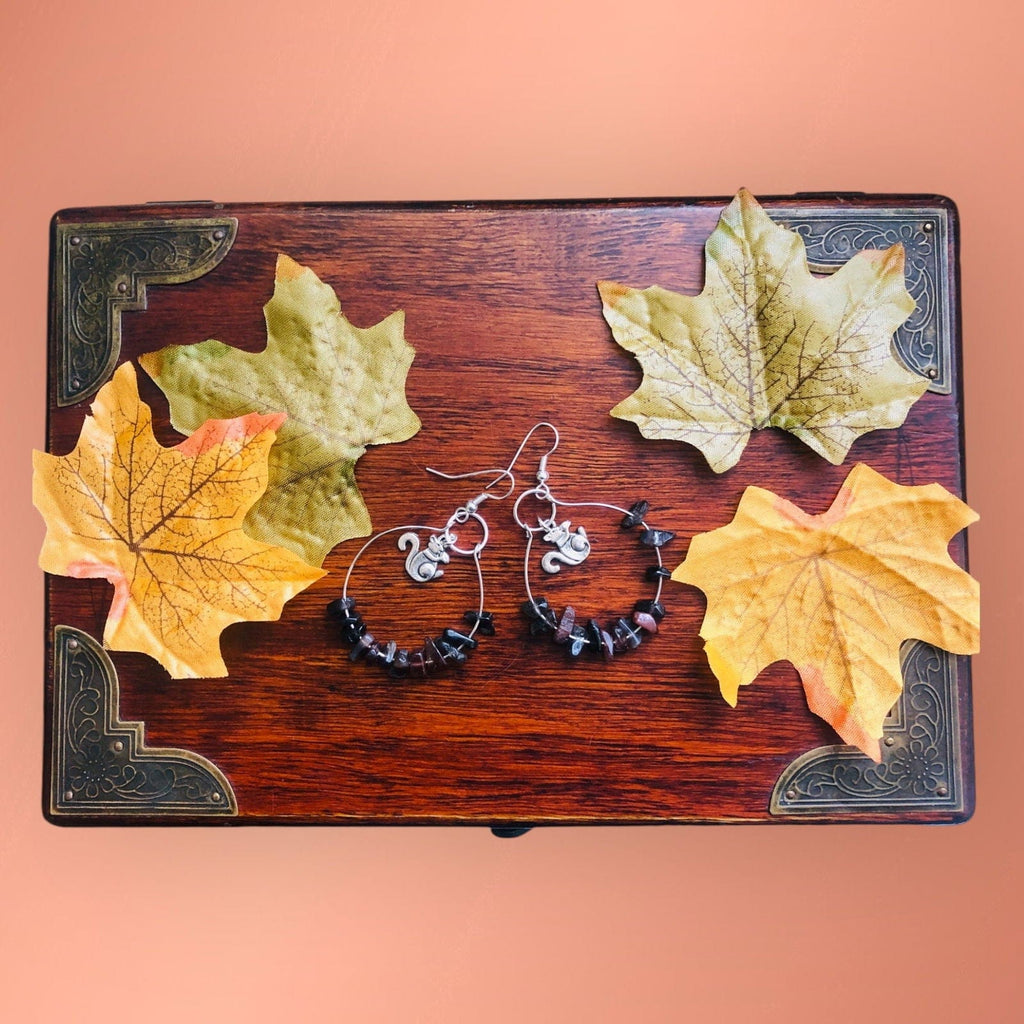 Hoop Earrings with Obsidian and Squirrel Charms Silver Chamber Jewellery Store