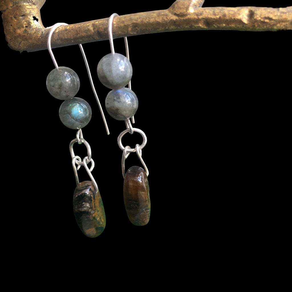 Labradorite and Blue Tiger Eye 925 Silver Dangle Earrings Silver Chamber Jewellery Store