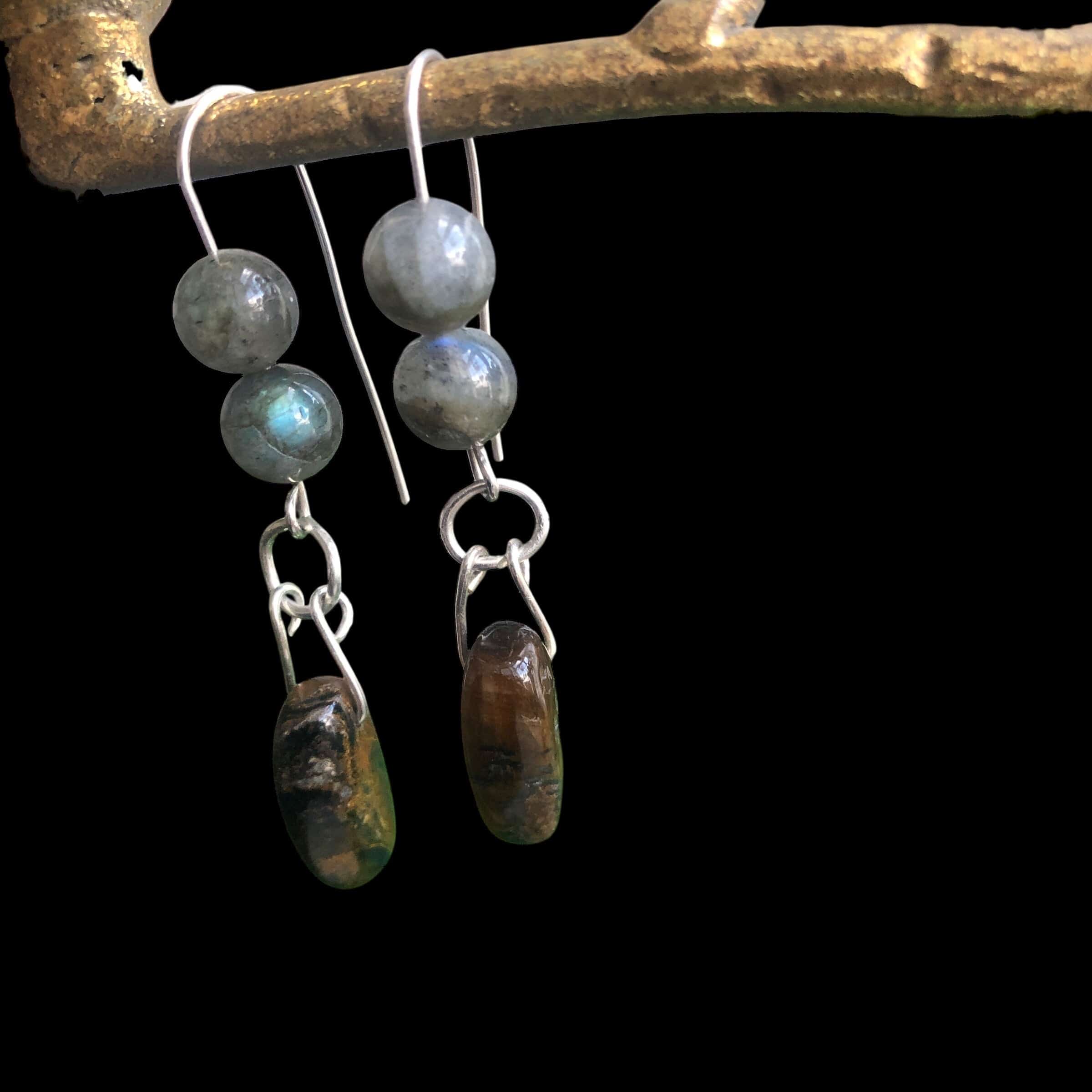 Labradorite and Blue Tiger Eye 925 Silver Dangle Earrings Silver Chamber Jewellery Store