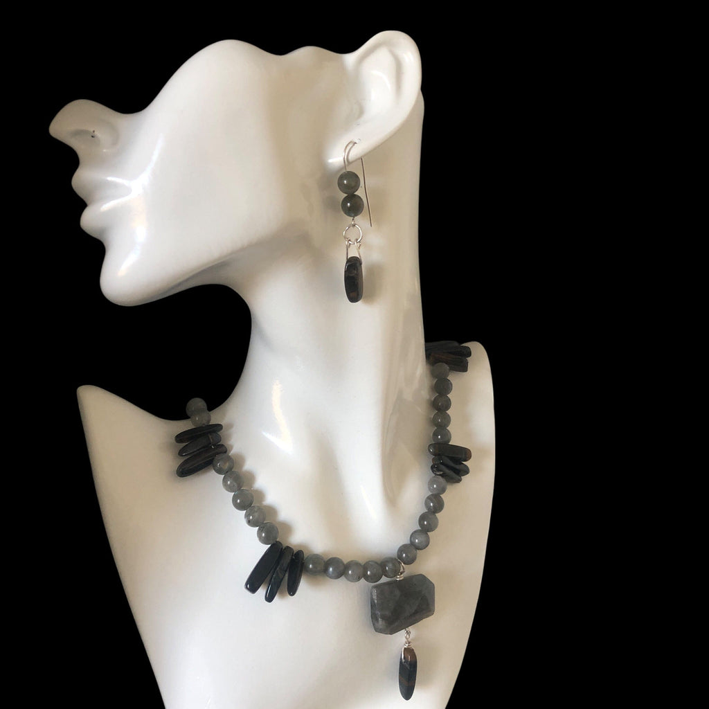 Labradorite and Blue Tiger Eye 925 Silver Dangle Earrings Silver Chamber Jewellery Store