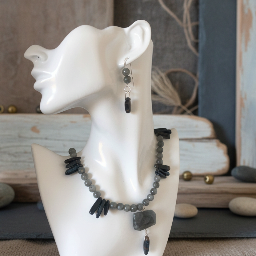 Labradorite and Blue Tiger Eye 925 Silver Dangle Earrings Silver Chamber Jewellery Store