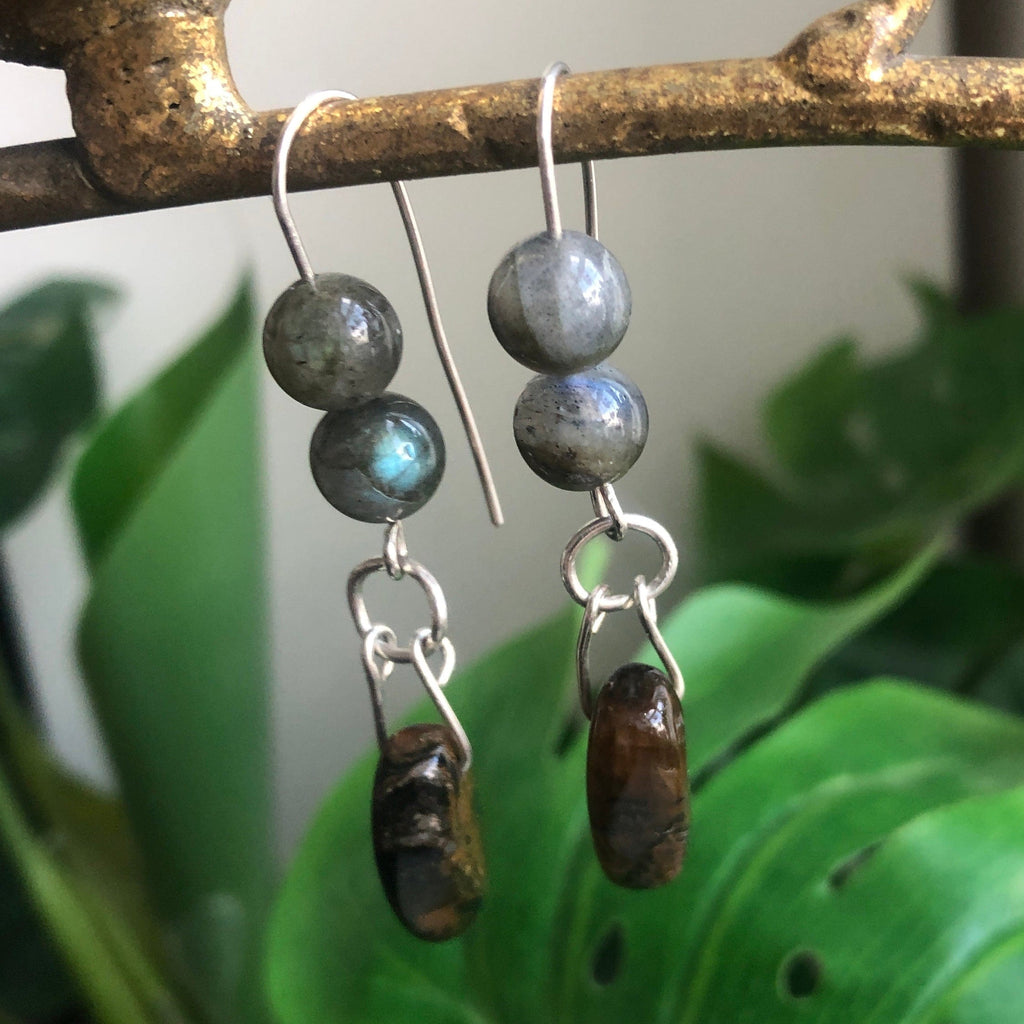 Labradorite and Blue Tiger Eye 925 Silver Dangle Earrings Silver Chamber Jewellery Store