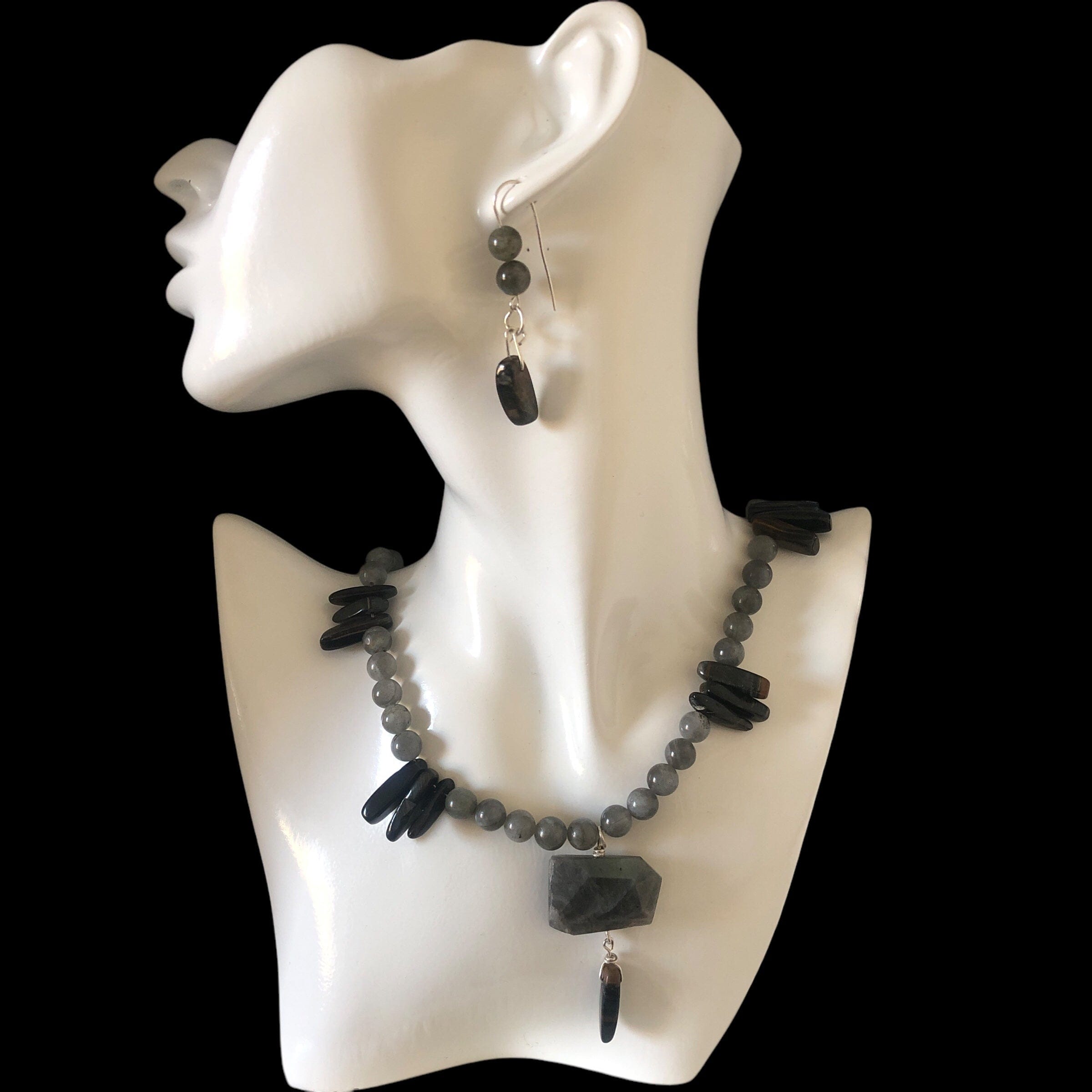 Labradorite and Blue Tiger Eye 925 Silver Dangle Earrings Silver Chamber Jewellery Store