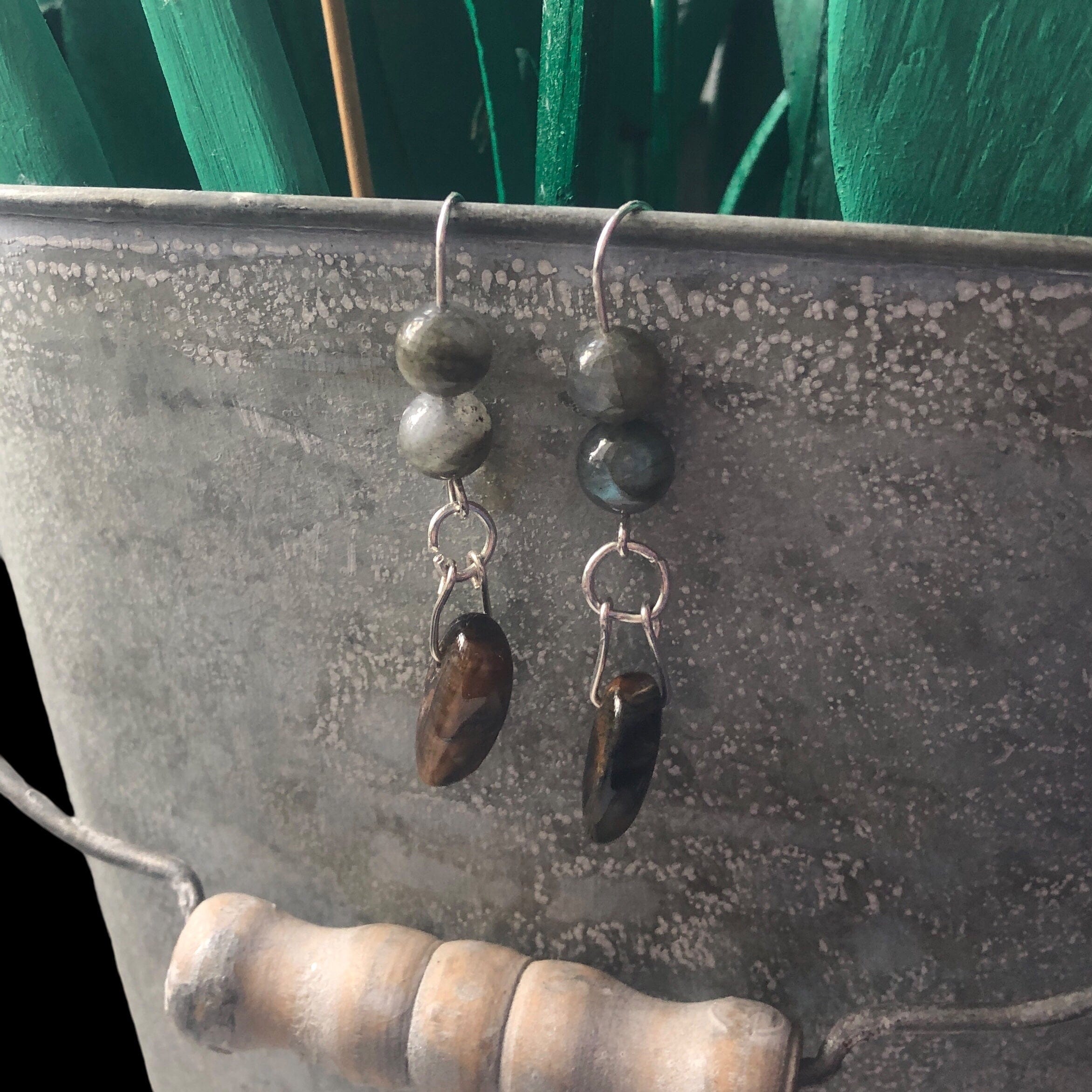 Labradorite and Blue Tiger Eye 925 Silver Dangle Earrings Silver Chamber Jewellery Store