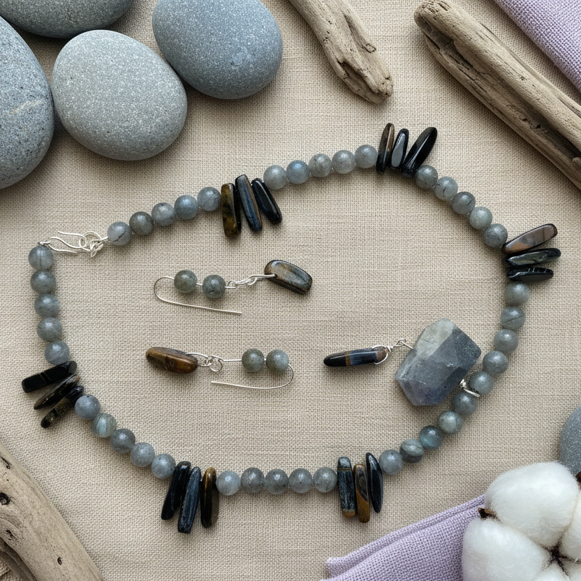 Labradorite and Blue Tiger Eye 925 Silver Dangle Earrings Silver Chamber Jewellery Store