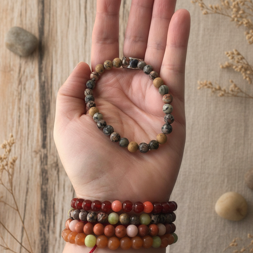 Leopard Skin & Dandelion Jasper Beaded Bracelet