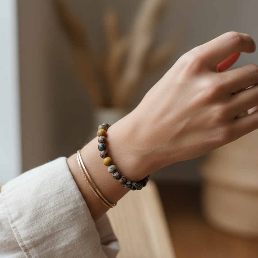 Leopard Skin & Dandelion Jasper Beaded Bracelet