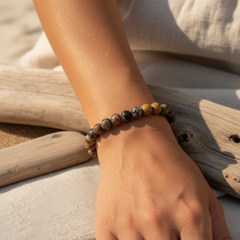 Leopard skin dandelion jasper beaded bracelet