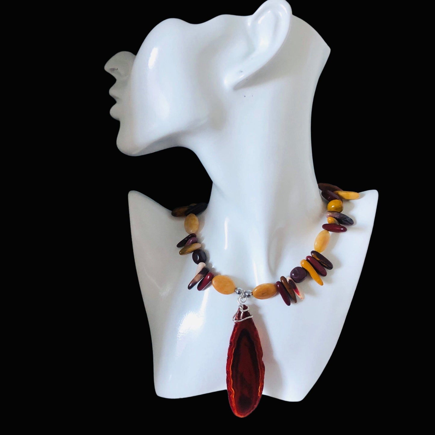 Mookaite and Yellow Jade Beaded Necklace with Agate Slice Pendant Silver Chamber Jewellery Store