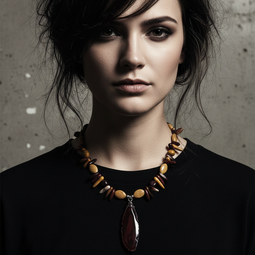 Mookaite and Yellow Jade Beaded Necklace with Agate Slice Pendant