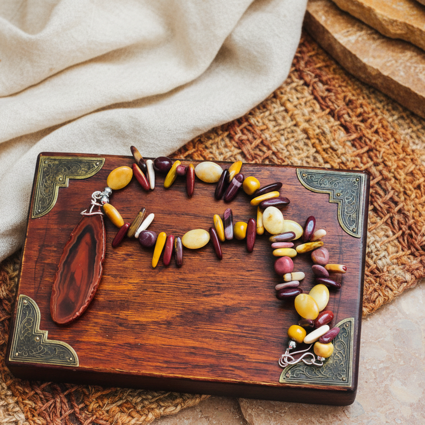 Mookaite and Yellow Jade Beaded Necklace with Agate Slice Pendant - Silver Chamber Jewellery Store