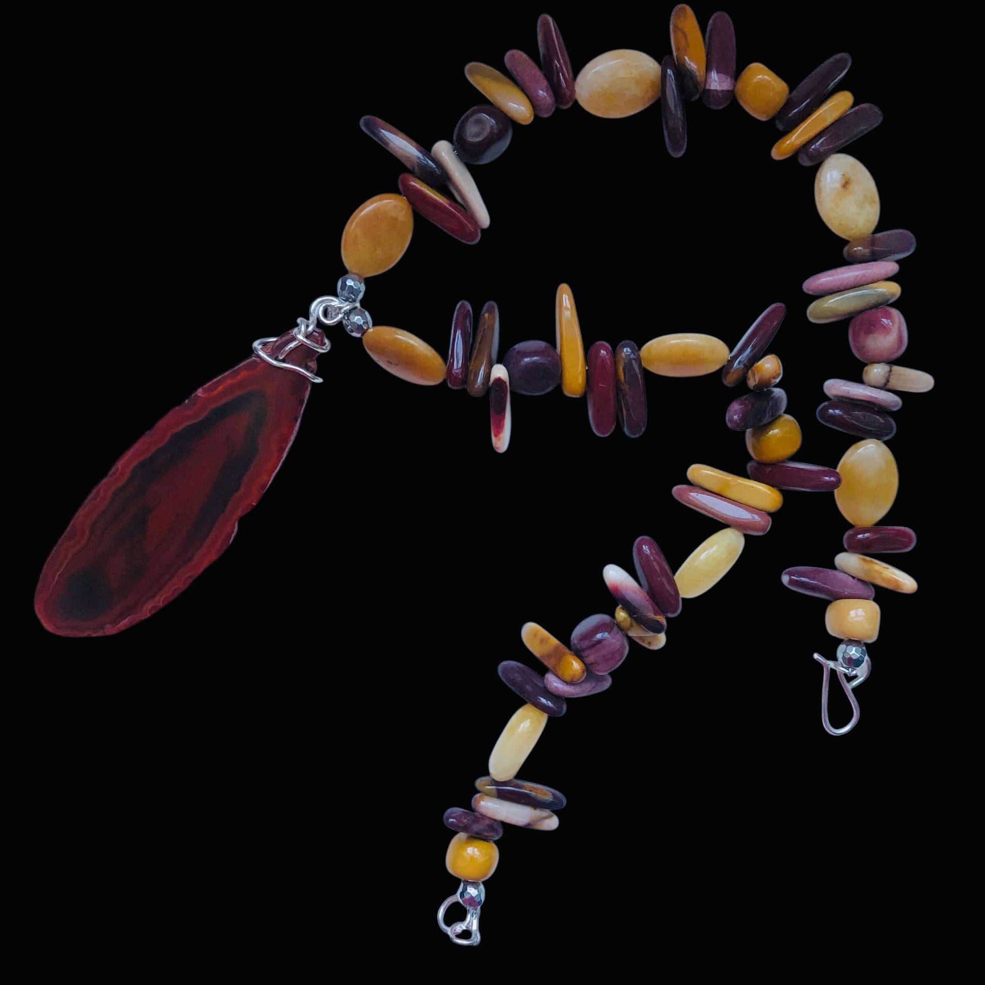 Mookaite and Yellow Jade Beaded Necklace with Agate Slice Pendant Silver Chamber Jewellery Store