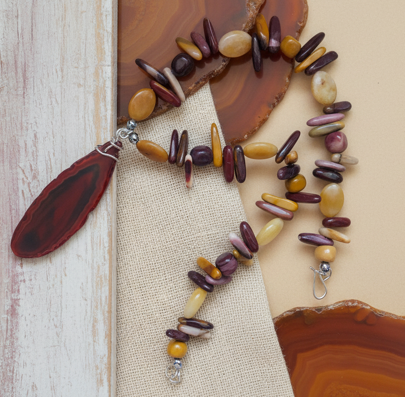 Mookaite and Yellow Jade Beaded Necklace with Agate Slice Pendant - Silver Chamber Jewellery Store