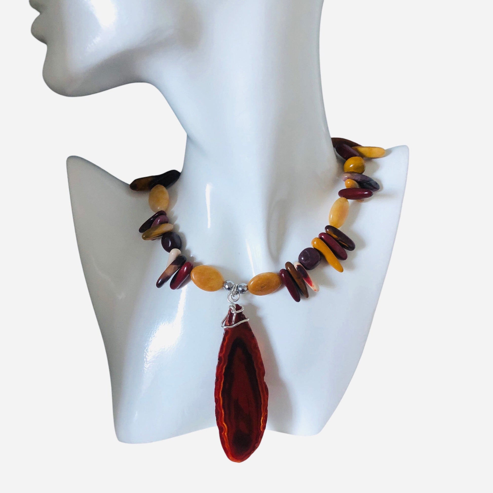 Mookaite and Yellow Jade Beaded Necklace with Agate Slice Pendant Silver Chamber Jewellery Store