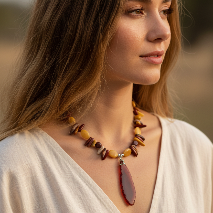 Mookaite and Yellow Jade Beaded Necklace with Agate Slice Pendant