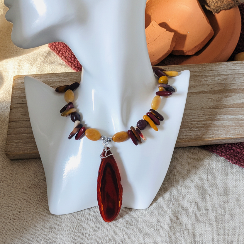 Mookaite and Yellow Jade Beaded Necklace with Agate Slice Pendant - Silver Chamber Jewellery Store
