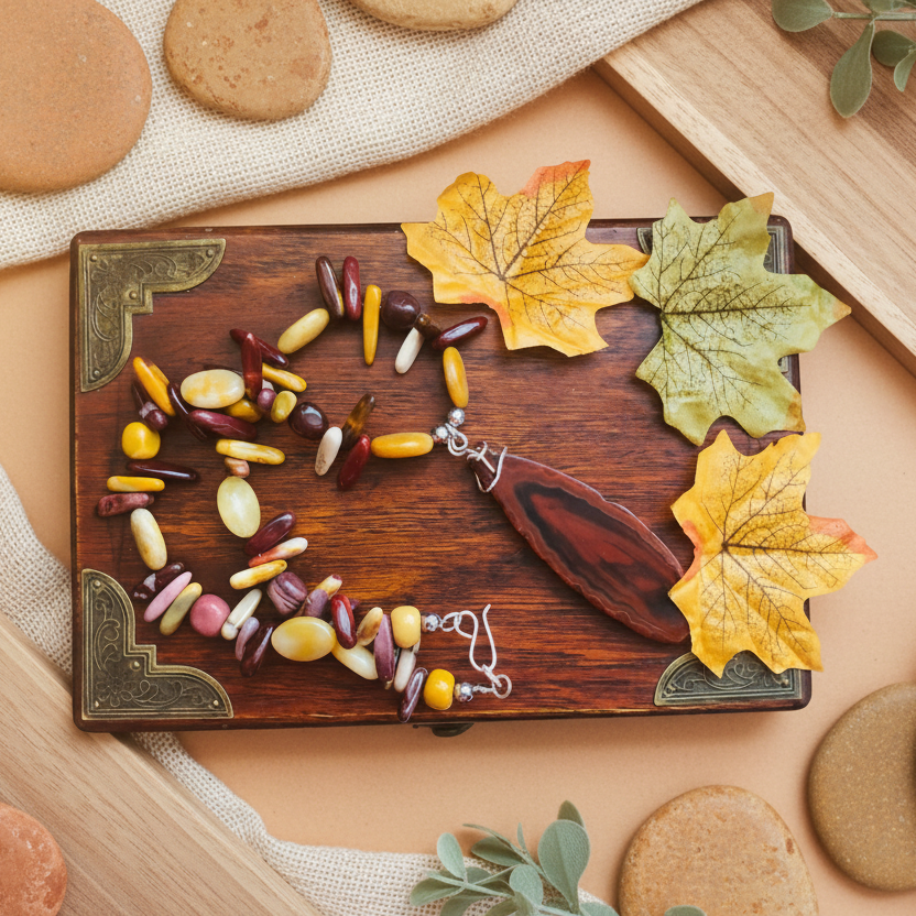 Mookaite and Yellow Jade Beaded Necklace with Agate Slice Pendant - Silver Chamber Jewellery Store