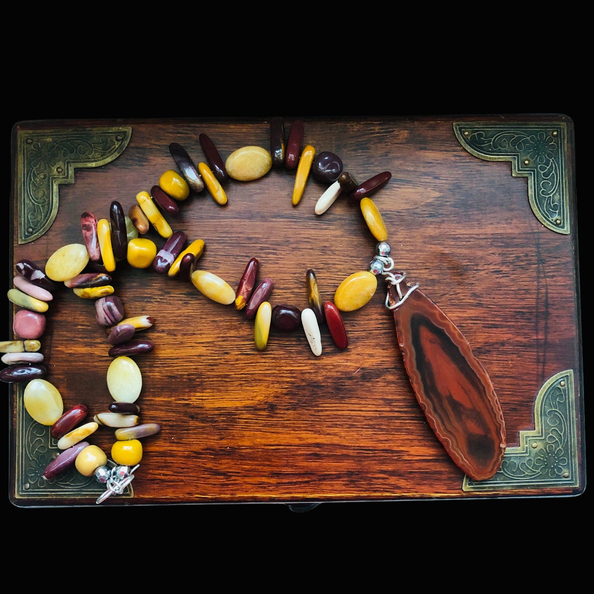 Mookaite and Yellow Jade Beaded Necklace with Agate Slice Pendant Silver Chamber Jewellery Store