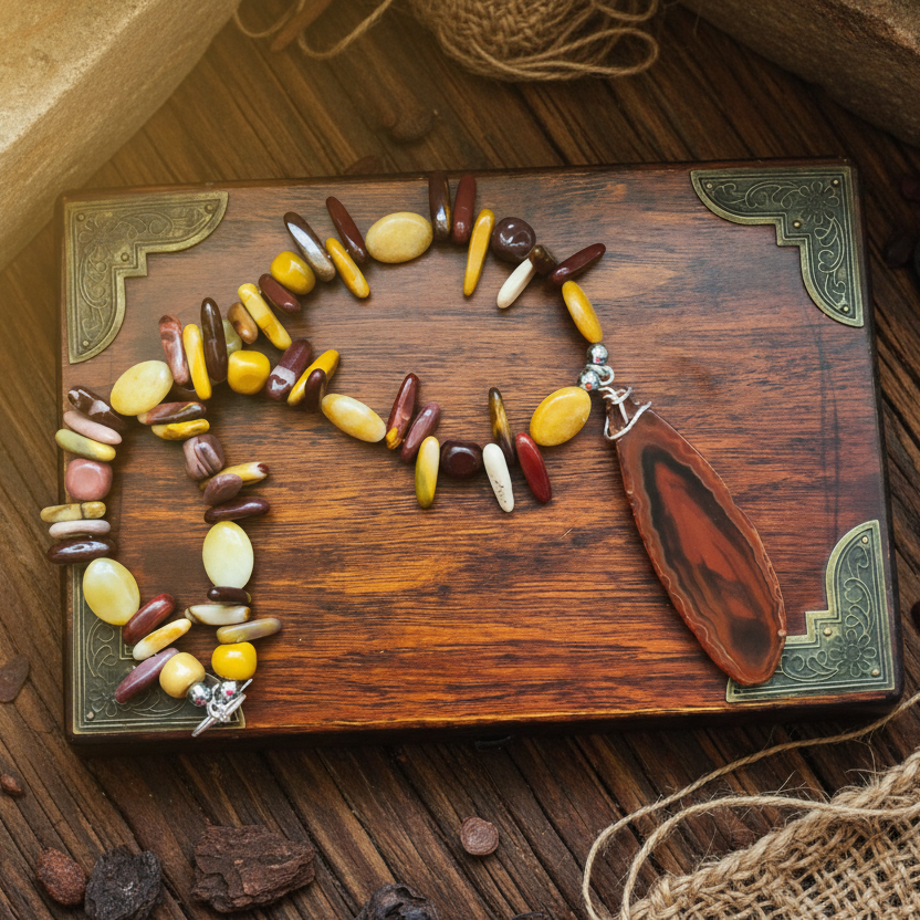 Mookaite and Yellow Jade Beaded Necklace with Agate Slice Pendant - Silver Chamber Jewellery Store