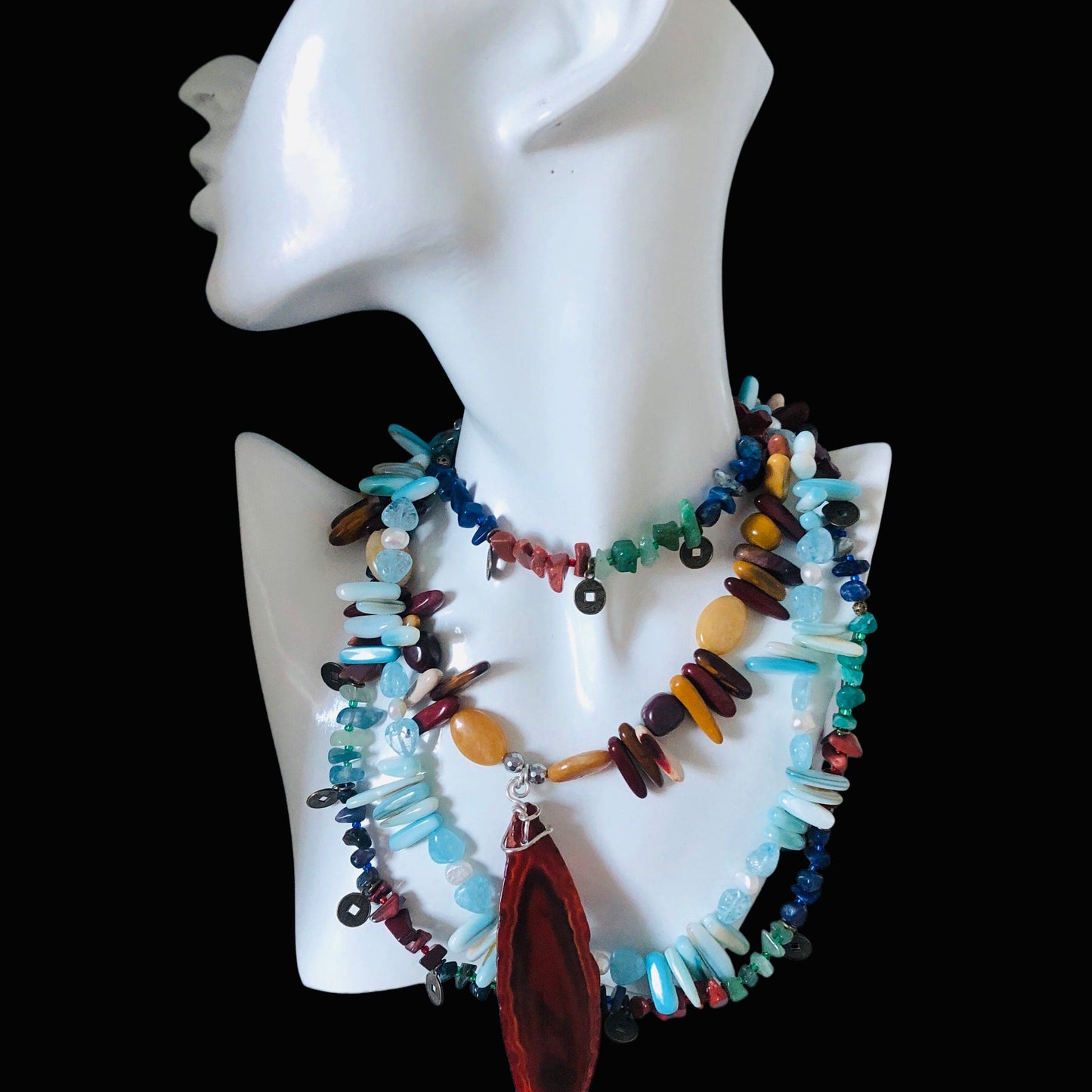 Mookaite and Yellow Jade Beaded Necklace with Agate Slice Pendant Silver Chamber Jewellery Store