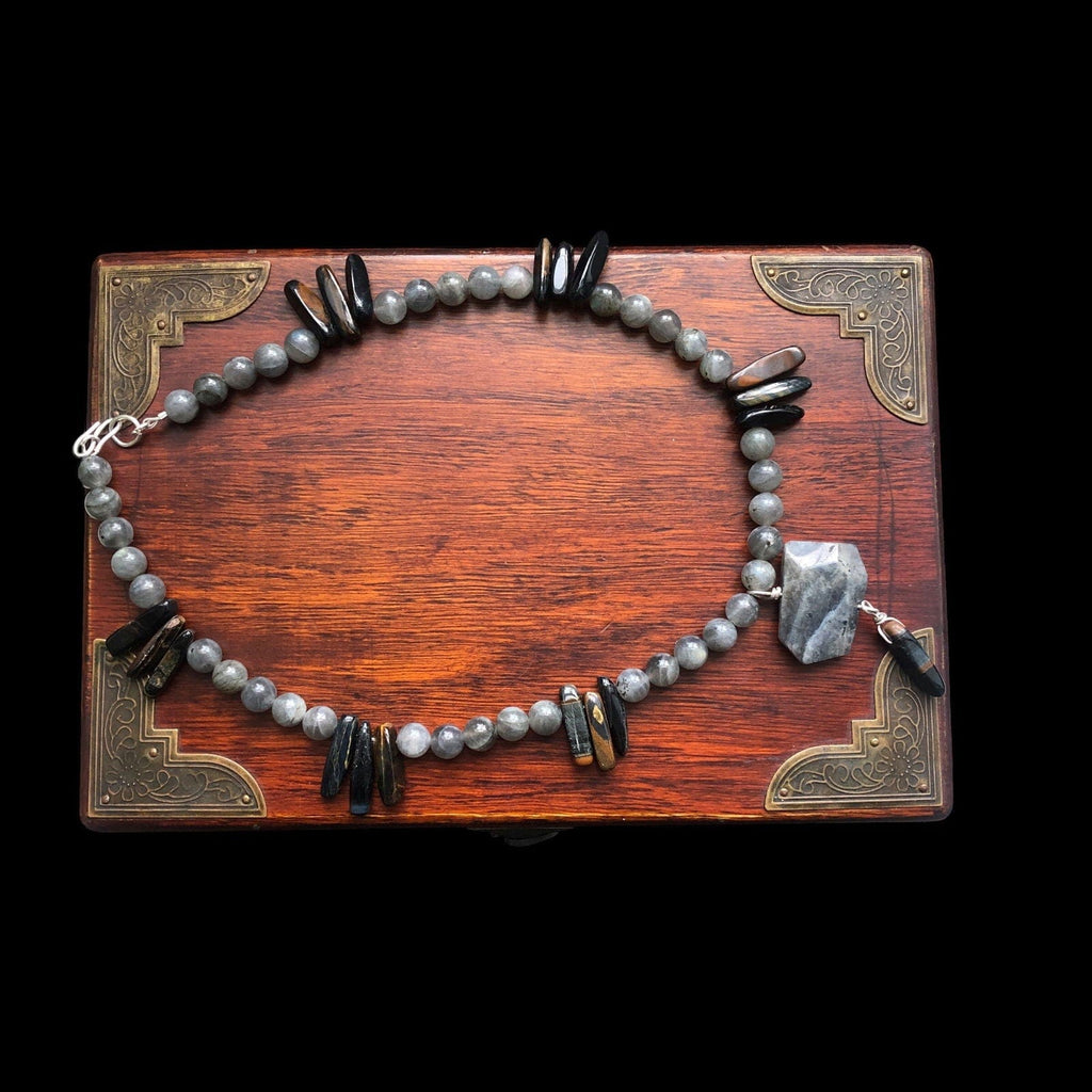 Moonstone and Blue Tiger Eye Beaded Necklace with Labradorite Pendant Silver Chamber Jewellery Store