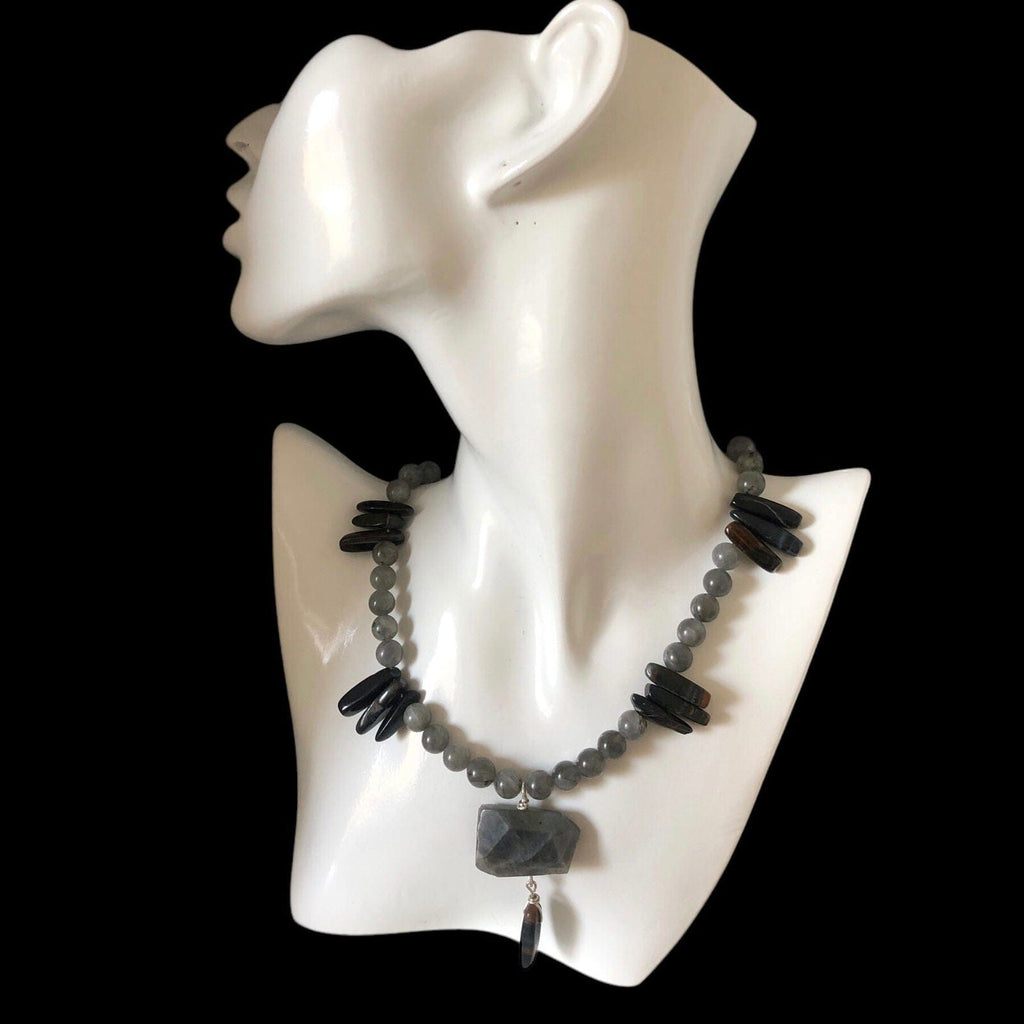 Moonstone and Blue Tiger Eye Beaded Necklace with Labradorite Pendant Silver Chamber Jewellery Store
