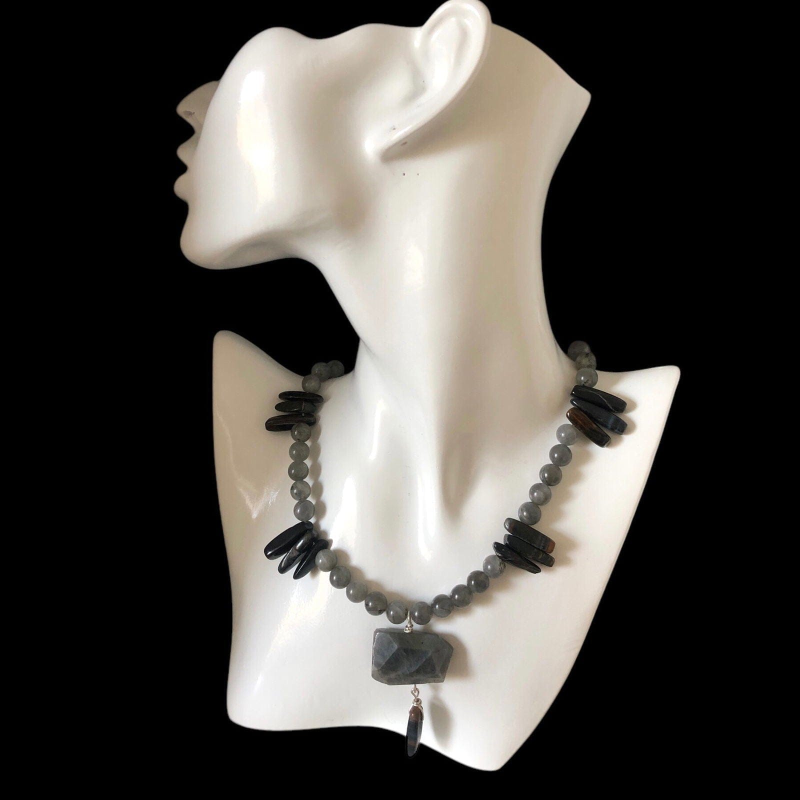 Moonstone and Blue Tiger Eye Beaded Necklace with Labradorite Pendant Silver Chamber Jewellery Store