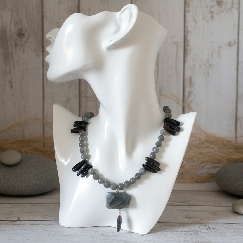 Moonstone and Blue Tiger Eye Beaded Necklace with Labradorite Pendant Silver Chamber Jewellery Store