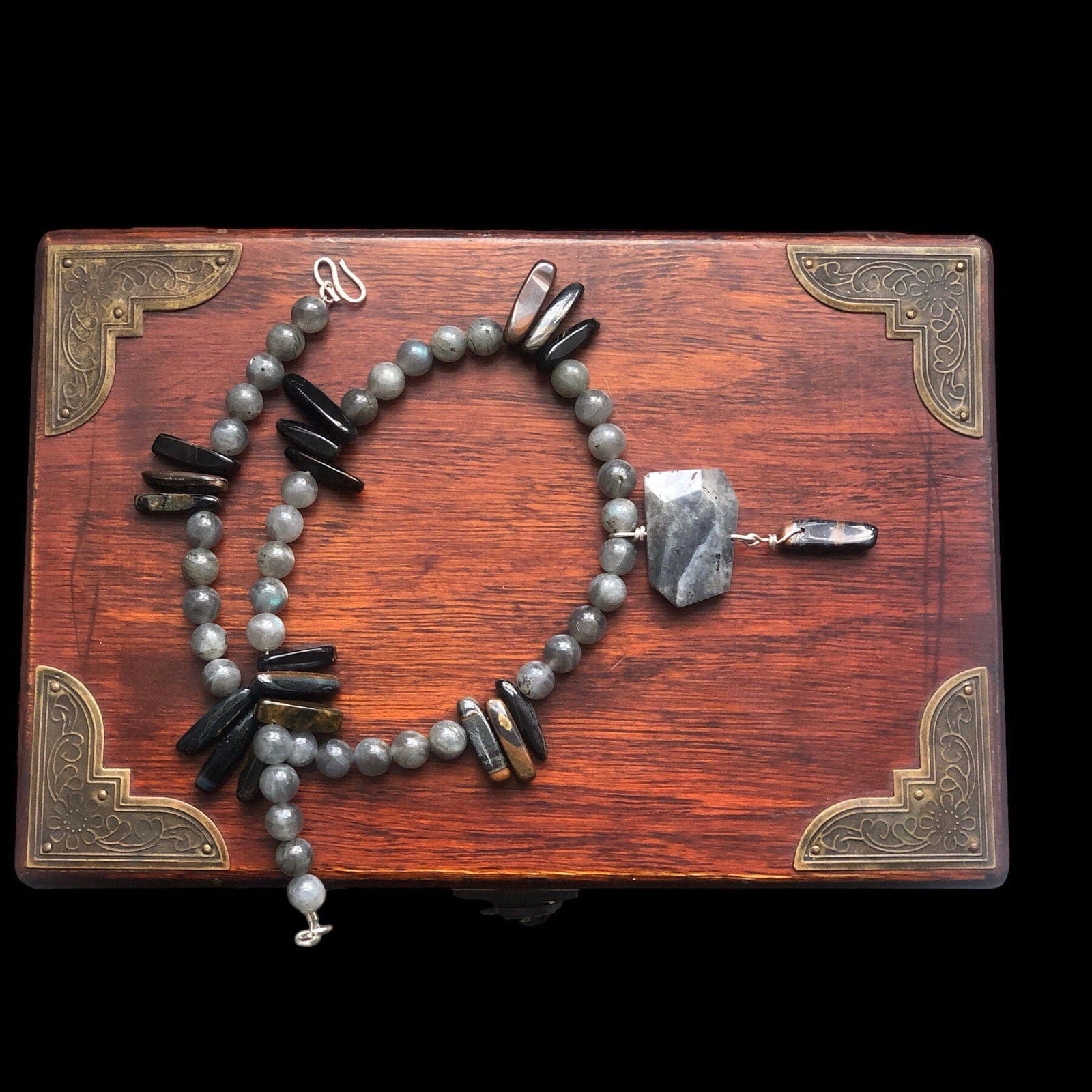 Moonstone and Blue Tiger Eye Beaded Necklace with Labradorite Pendant Silver Chamber Jewellery Store